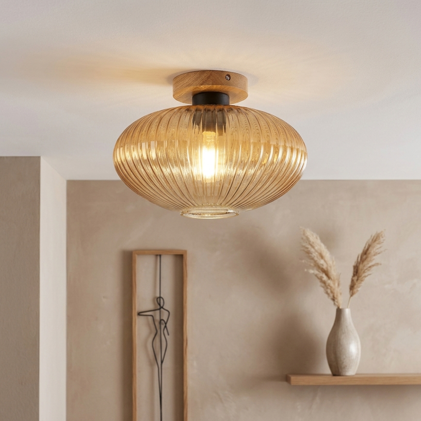 Φωτιστικό οροφής MILOU WOOD 1xE27/15W/230V δρυς/καπνιστό μπεζ διάμ. 29 εκ.