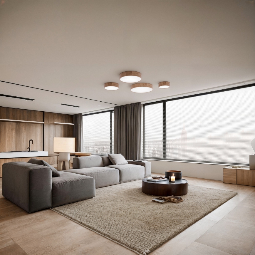 Φωτιστικό οροφής CLEO με αισθητήρα κίνησης και λυκόφωτος 2xE27/24W/230V, διάμ. 27,5 cm, σε απόχρωση βελανιδιάς