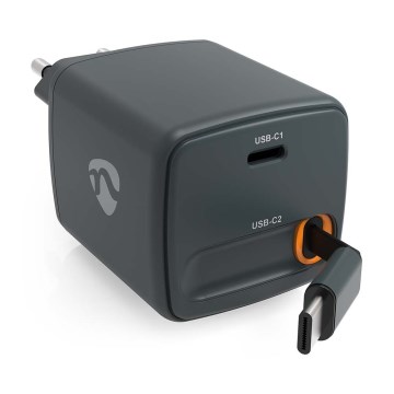 Φορτιστής με ανασυρόμενο καλώδιο Power Delivery 30W, 2× USB-C, μαύρος