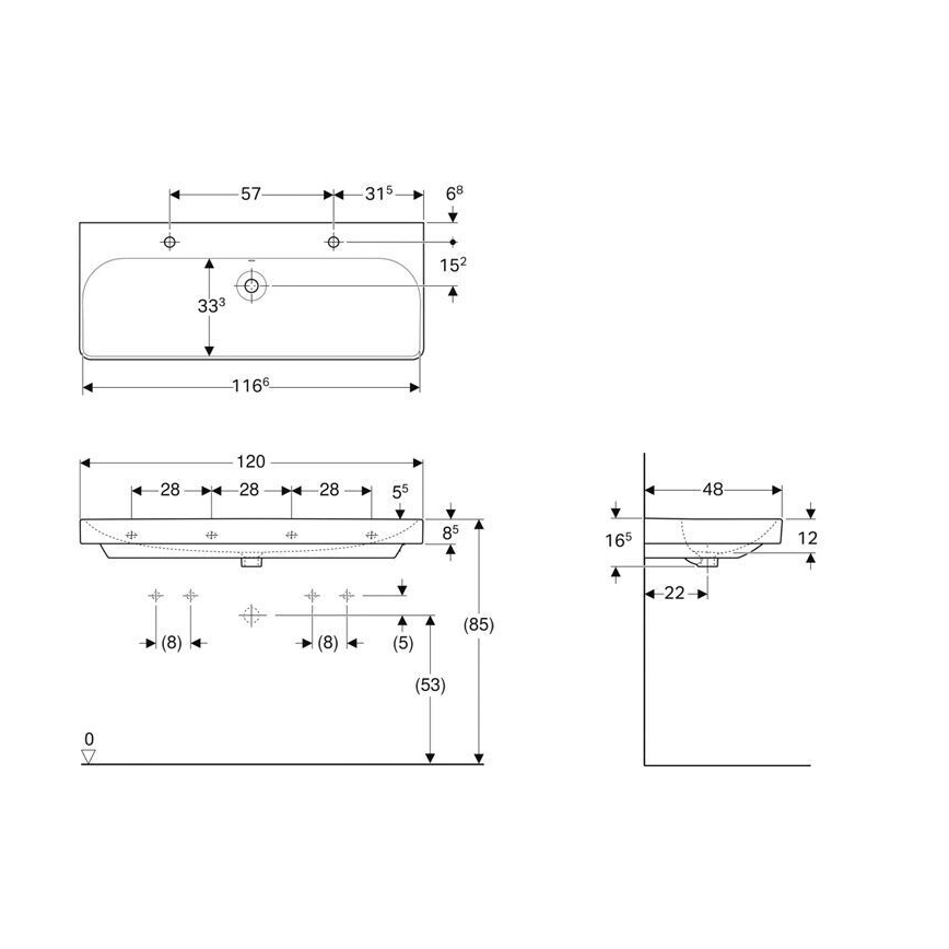 Geberit 500.253.01.1 - Επιτοίχιος διπλός νιπτήρας Smyle Square 120x48 cm κεραμικός/λευκός