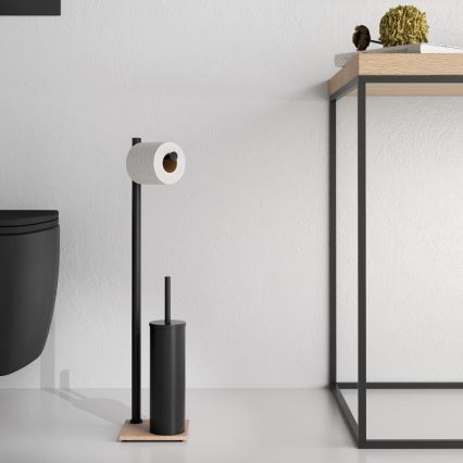 Gedy - Επιδαπέδια βούρτσα τουαλέτας με θήκη για χαρτί υγείας TRILLY, ματ μαύρο/μπαμπού