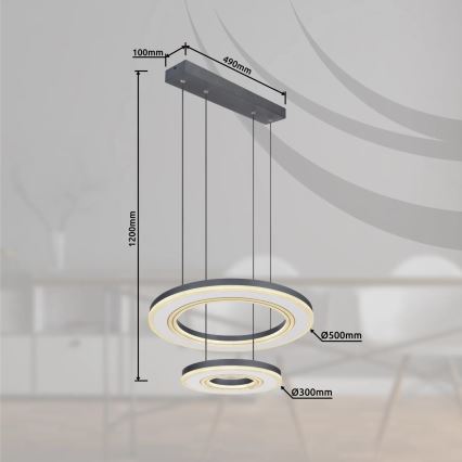 Globo - Led Dimmable κρεμαστό φωτιστικό οροφής LED/50W/230V 2700-6000K διάμετρος 50 cm μαύρο + τηλεχειριστήριο