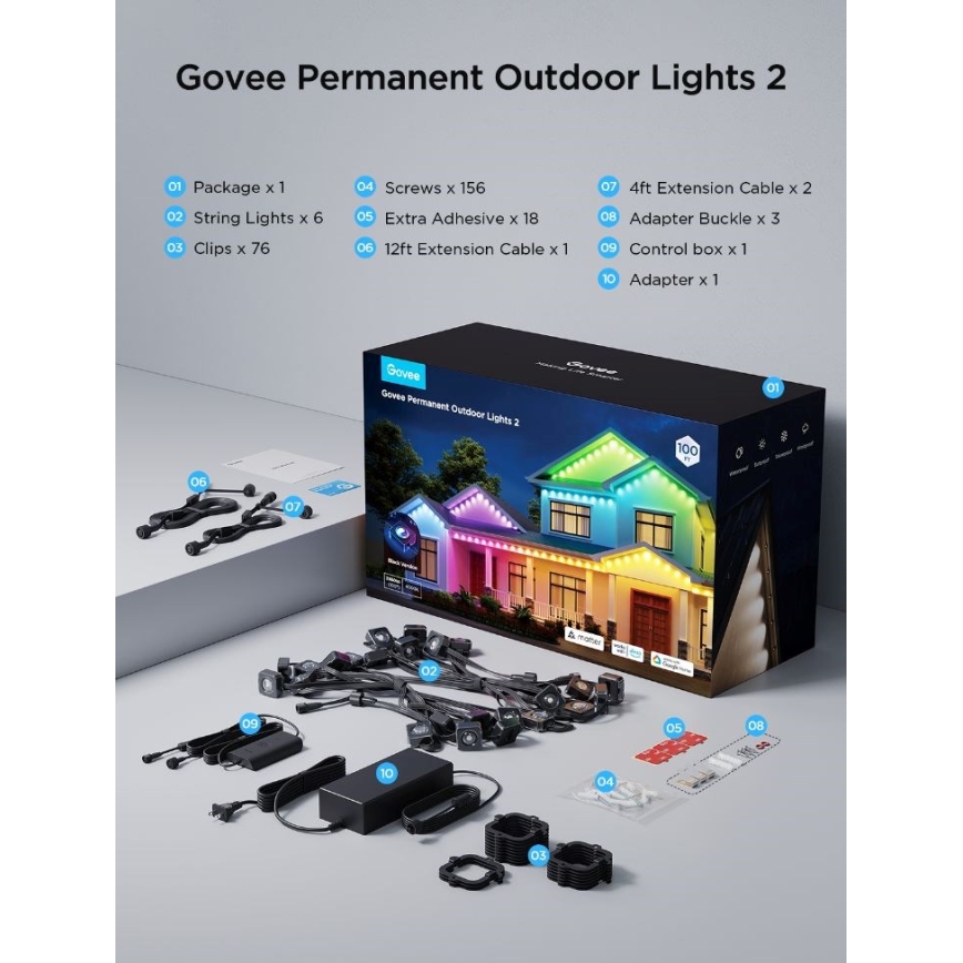 Govee - LED RGBIC φωτιστικά τύπου downlight 30m Wi-Fi Matter IP67