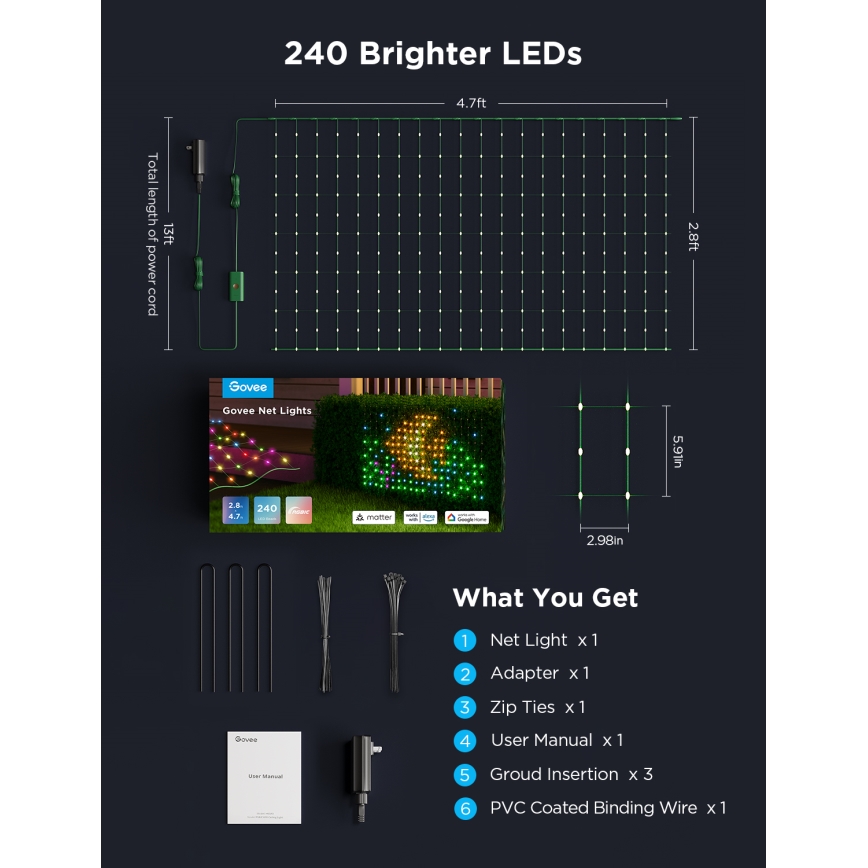 Govee - LED RGBIC Εξωτερικό φωτεινό δίχτυ 143x85cm Wi-Fi Matter IP65