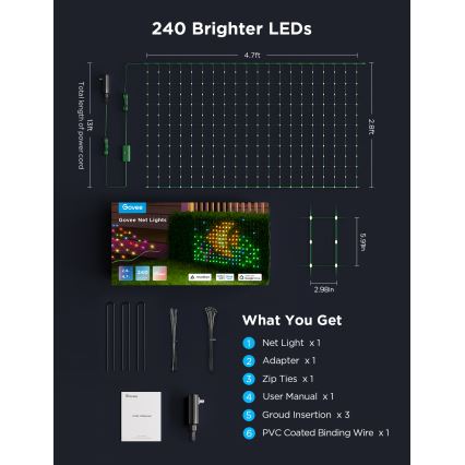 Govee - LED RGBIC Φωτισμός εξωτερικού χώρου net 143x85cm Wi-Fi Matter IP65