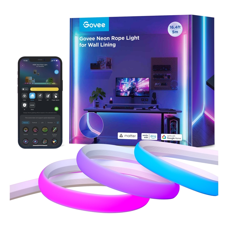 Govee - Neon MATTER LED γωνιακή ταινία 5m RGBIC Wi-Fi