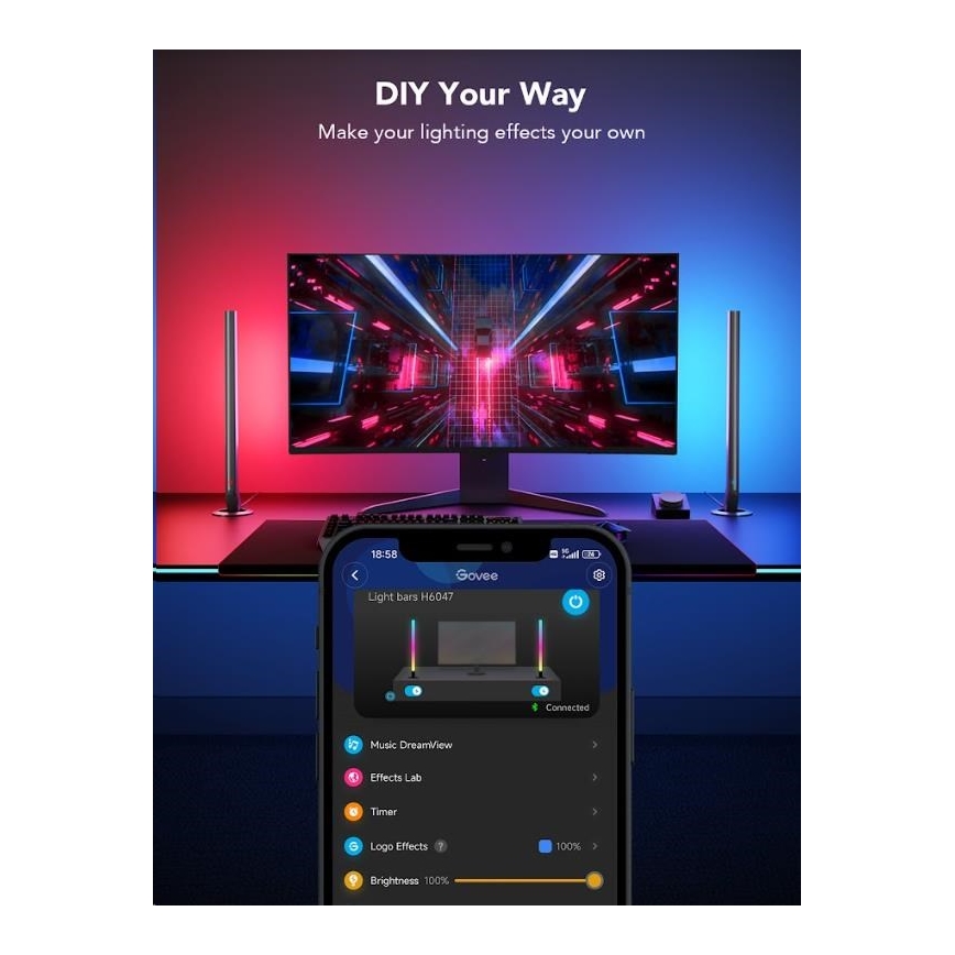 Govee - Σετ 2x Smart Gaming Wi-Fi LED RGBIC πάνελ + Smart Dual μαύρο + τηλεχειριστήριο