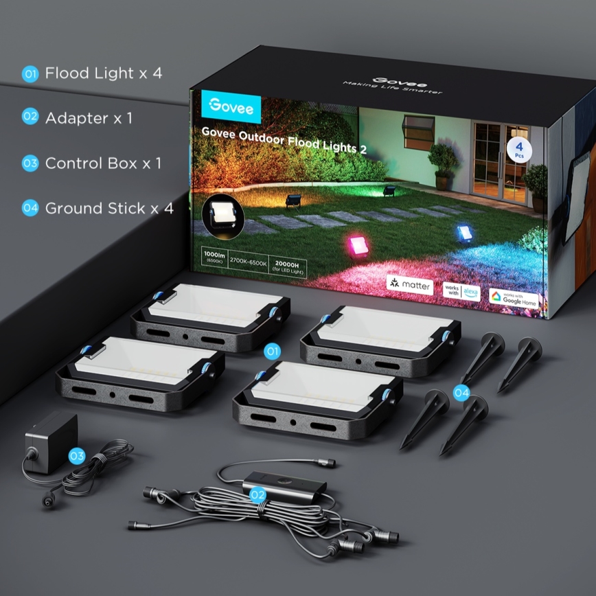 Govee - Σετ 4 τεμ. LED RGBICWW Ρυθμιζόμενος προβολέας LED/24W/230V IP66 Matter Wi-Fi