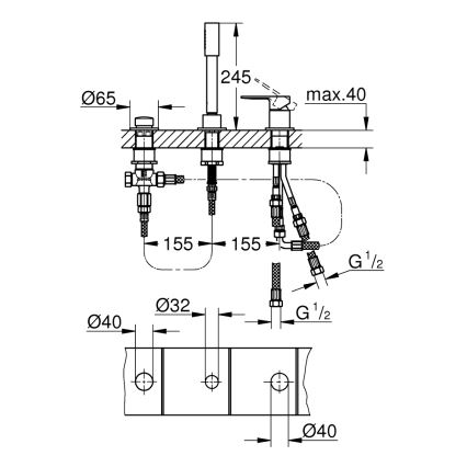 GROHE 19965001 - Μπαταρία μπανιέρας τριών οπών LINEARE, γυαλιστερό χρώμιο