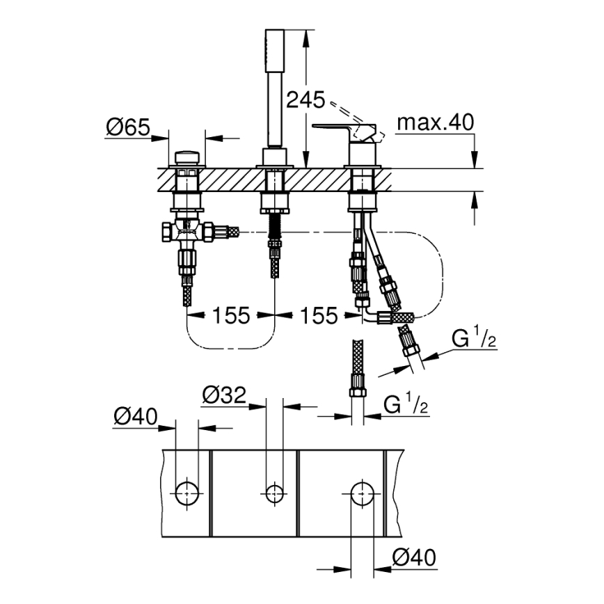 GROHE 19965001 - Μπαταρία μπανιέρας τριών οπών LINEARE, γυαλιστερό χρώμιο