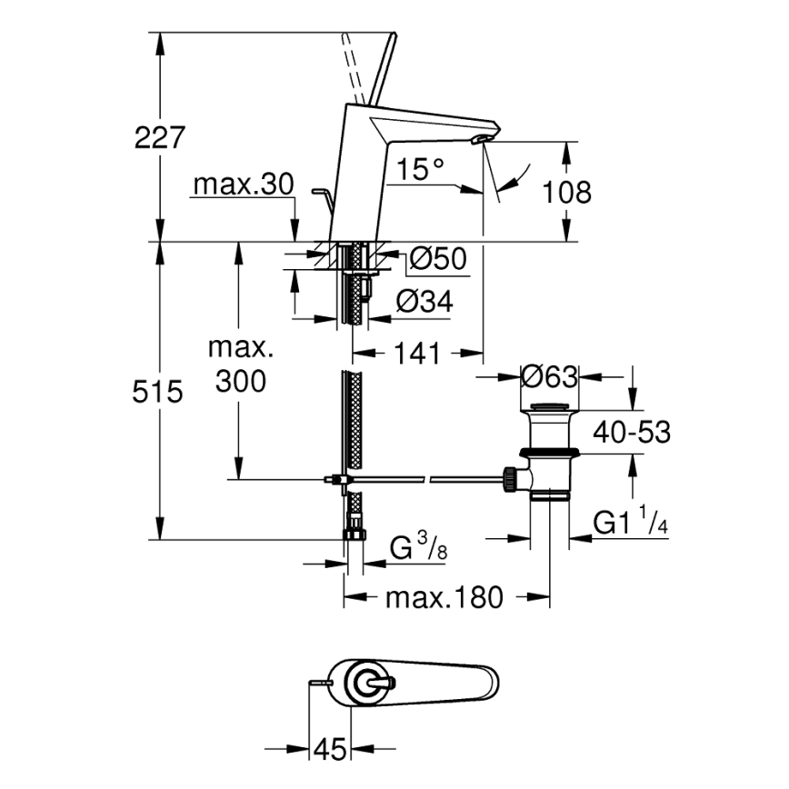 GROHE 23427000 - Μπαταρία νιπτήρα EURODISC JOY DN 15 μέγεθος M γυαλιστερό χρώμιο