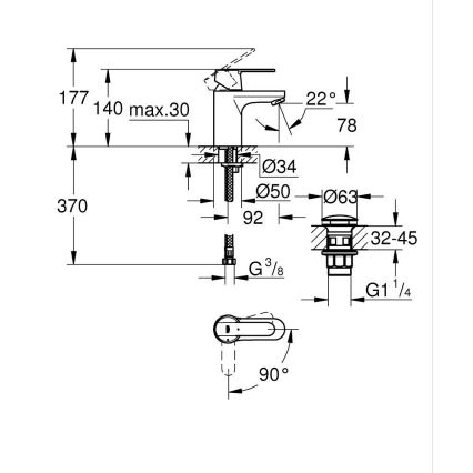 GROHE 23586000 - Μπαταρία νιπτήρα GET, μέγεθος S, γυαλιστερό χρώμιο