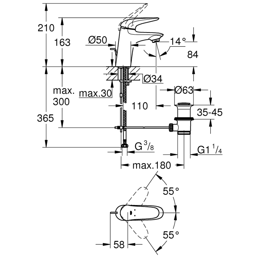 GROHE 23707003 - Μπαταρία νιπτήρα EUROSTYLE 163 mm σε γυαλιστερό χρώμιο