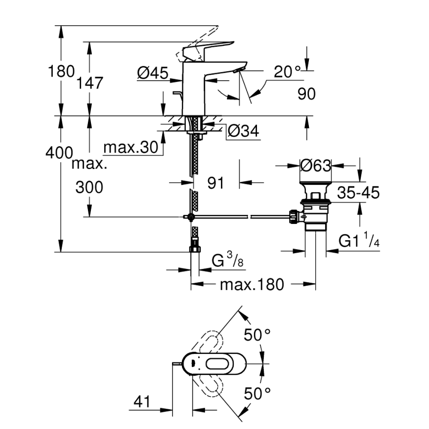GROHE 23803000 - Μπαταρία νιπτήρα EUROSMART γυαλιστερό χρώμιο