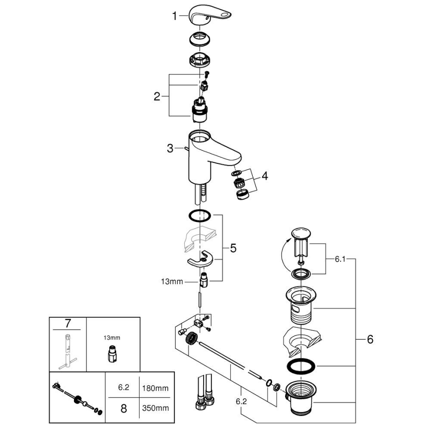 GROHE 24325001 - Μπαταρία νιπτήρα SWIFT DN 15, μέγεθος M, γυαλιστερό χρώμιο