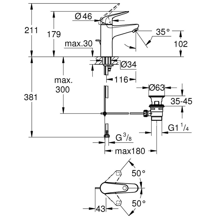 GROHE 24325001 - Μπαταρία νιπτήρα SWIFT DN 15, μέγεθος M, γυαλιστερό χρώμιο
