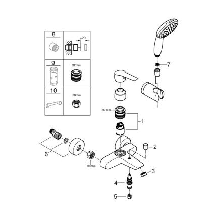 GROHE 25283002 - Μίκτης μπανιέρας με εξαρτήματα DN 15, γυαλιστερό χρώμιο