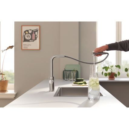 GROHE 30590DC0 - Μπαταρία κουζίνας με τηλεσκοπική αποσπώμενη κεφαλή ψεκασμού BLUE PURE, ανοξείδωτη