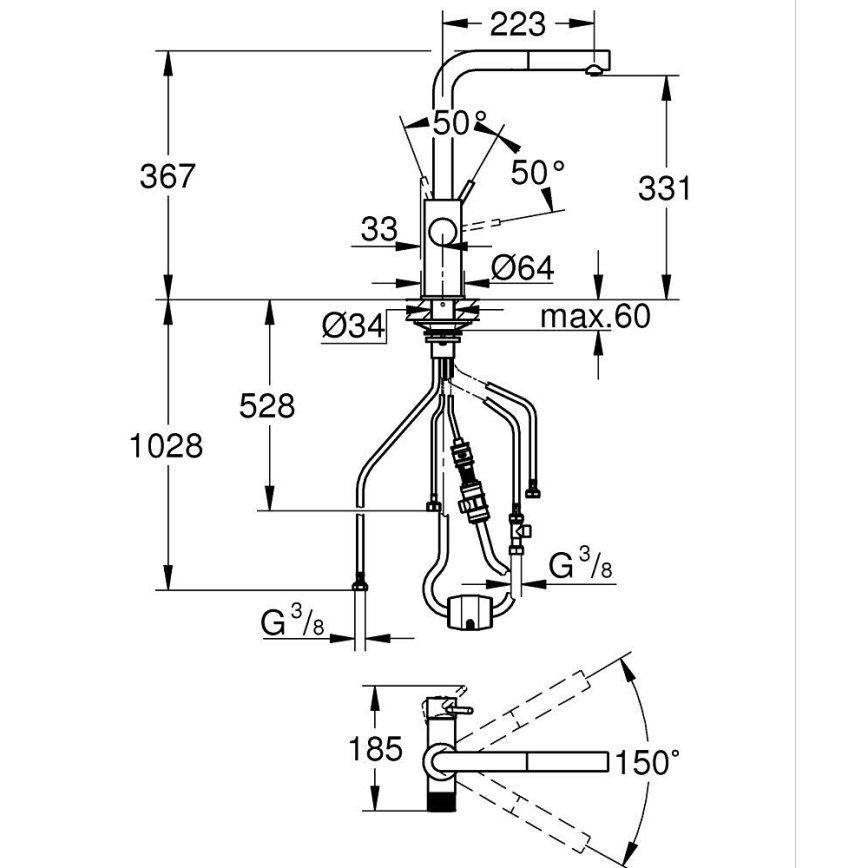GROHE 30590DC0 - Μπαταρία κουζίνας με τηλεσκοπική αποσπώμενη κεφαλή ψεκασμού BLUE PURE, ανοξείδωτη