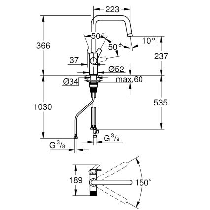 GROHE 30595000 - Μπαταρία κουζίνας BLUE PURE Start 366 mm, γυαλιστερό χρώμιο