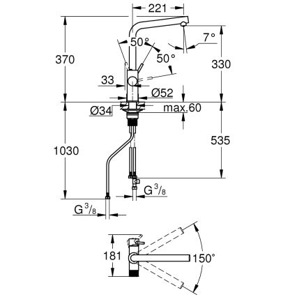 GROHE 30600000 - Μίκτης κουζίνας BLUE PURE, L-εκροή, γυαλιστερό χρώμιο