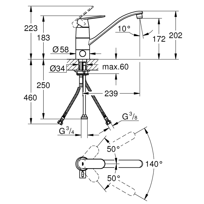 GROHE 31161000 - Μπαταρία κουζίνας EUROSMART COSMOPOLITAN 140° γυαλιστερό χρώμιο