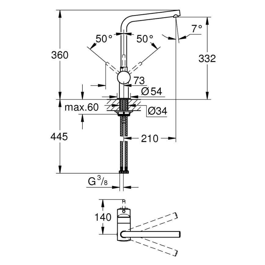 GROHE 31375000 - Μπαταρία νεροχύτη A 360 mm, γυαλιστερό χρώμιο