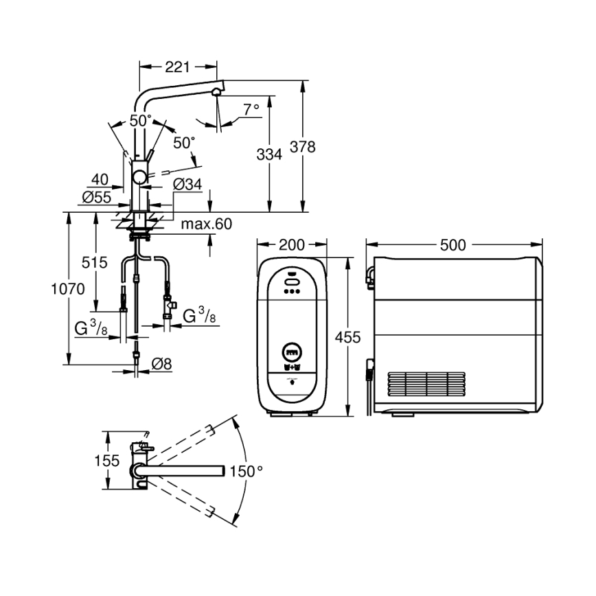 GROHE 31454001 - Μπαταρία νεροχύτη BLUE HOME, στόμιο L, γυαλιστερό χρώμιο