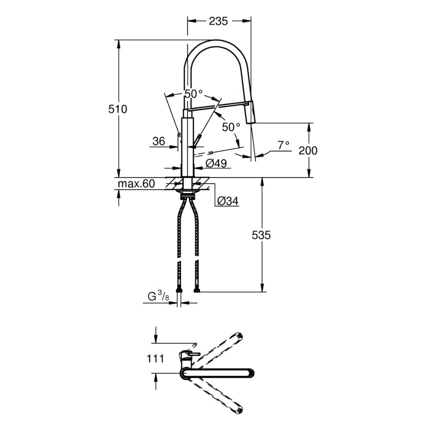 GROHE 31491000 - Μπαταρία κουζίνας CONCETTO με επαγγελματική κεφαλή ντους, γυαλιστερό χρώμιο