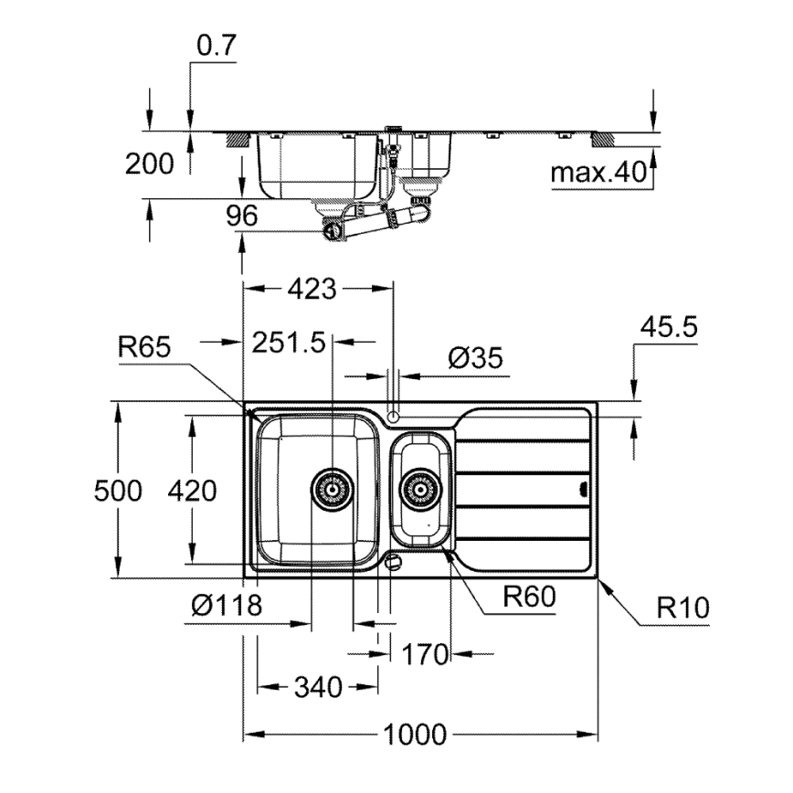 GROHE 31572SD1 - Νεροχύτης K500 1000 × 500 mm από ανοξείδωτο ατσάλι