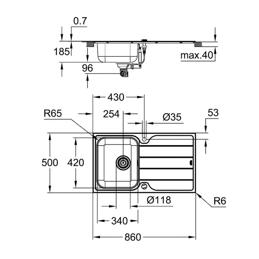 GROHE 31573SD1 - Σετ νεροχύτη κουζίνας K500 με αποχετευτικό δίσκο και μπαταρία A 86×50 cm ανοξείδωτο