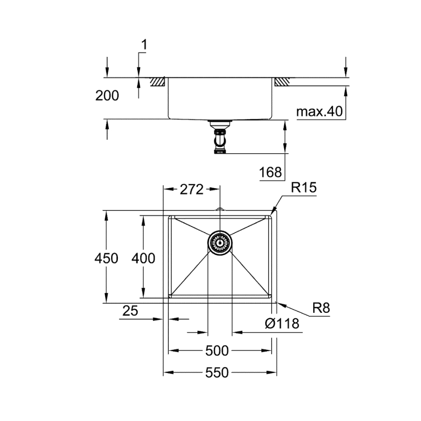 GROHE 31574SD1 - Νεροχύτης κουζίνας K700U 550 x 450 mm ανοξείδωτος