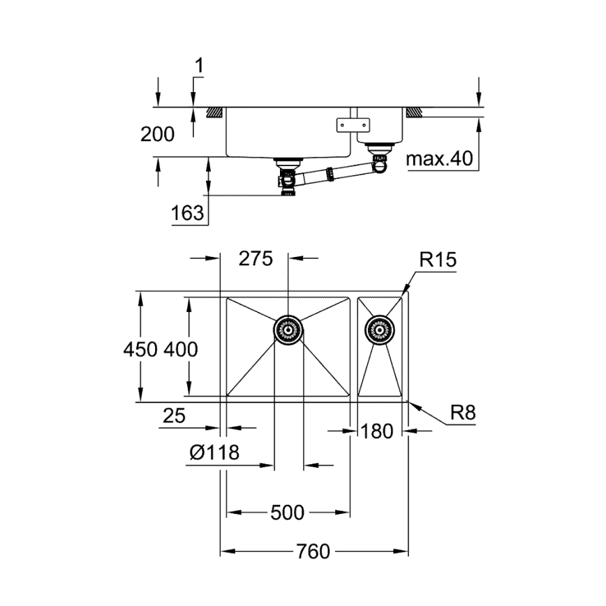 GROHE 31575SD1 - Νεροχύτης κουζίνας K700U 760 × 450 mm, από ανοξείδωτο ατσάλι