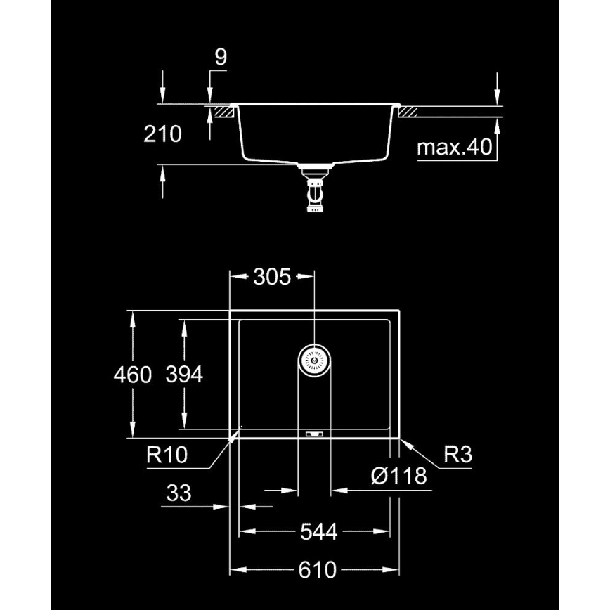 GROHE 31655AP0 - Νεροχύτης K700U 610 × 460 mm μαύρη πέτρα/μαύρο