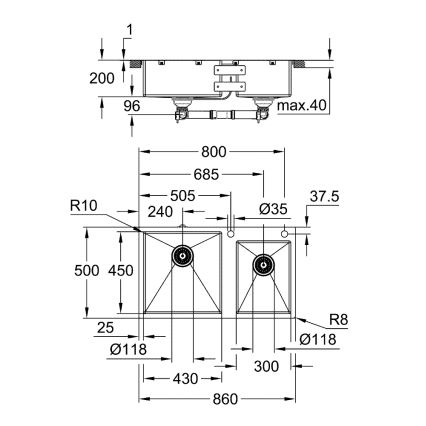 GROHE 31855SD0 - Νεροχύτης κουζίνας K700 860 × 500 mm από ανοξείδωτο ατσάλι