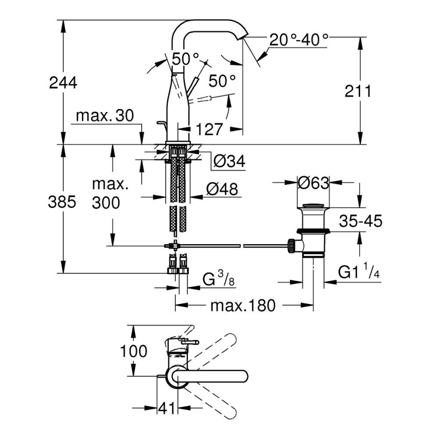 GROHE 32628AL1 - Μπαταρία νιπτήρα ESSENCE μέγεθος L γραφίτης