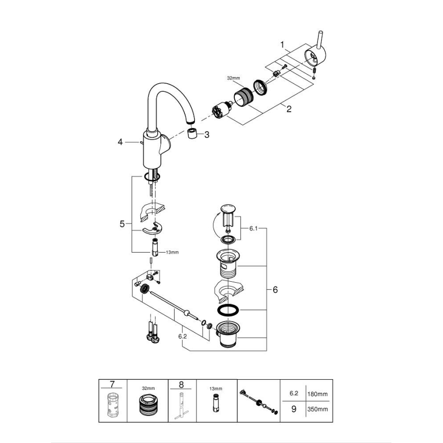 GROHE 32629002 - Μπαταρία νιπτήρα CONCETTO, μέγεθος L, γυαλιστερό χρώμιο