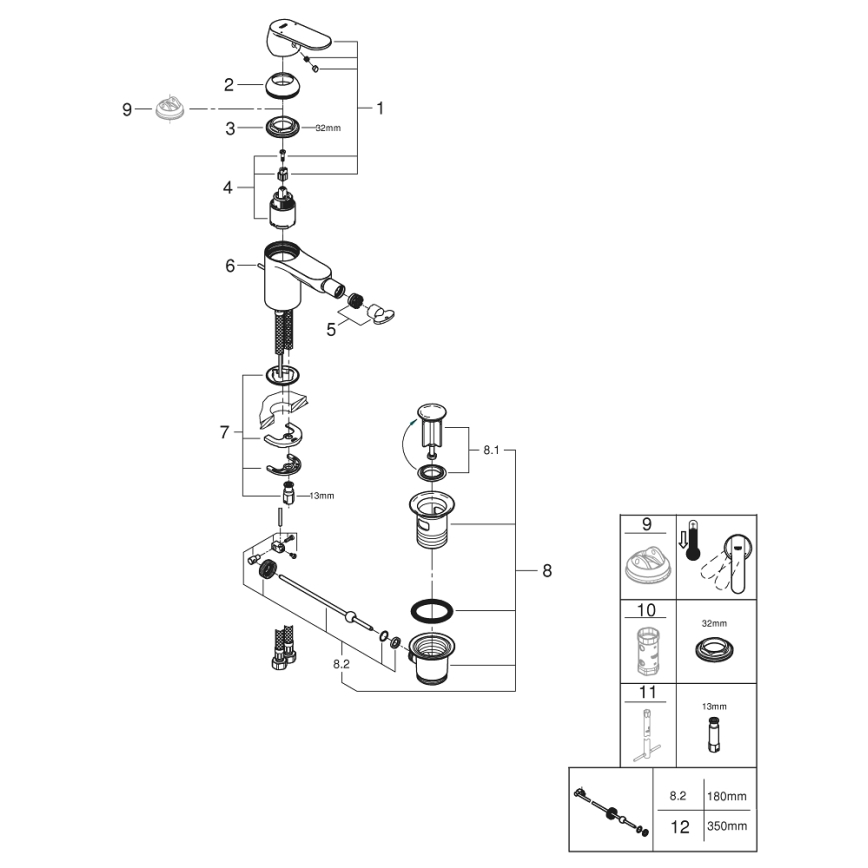 GROHE 32839000 - Μπαταρία μπιντέ EUROSMART COSMOPOLITAN, μέγεθος S, γυαλιστερό χρώμιο