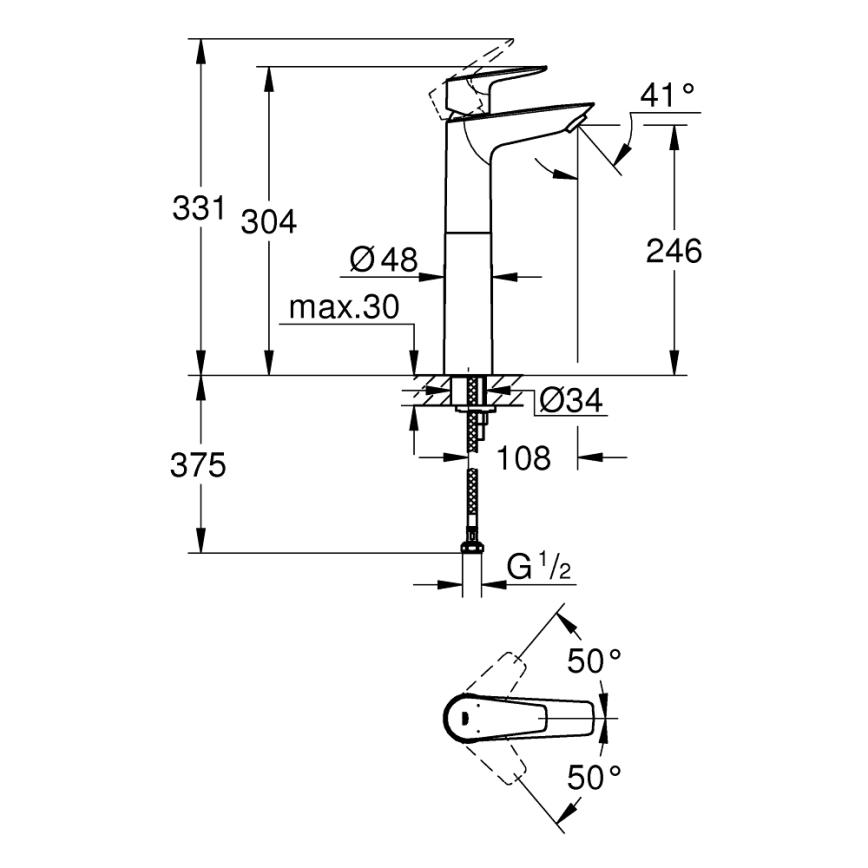 GROHE 32860001 - Μίκτης νιπτήρα BAUEDGE 304 mm λαμπερό χρώμιο