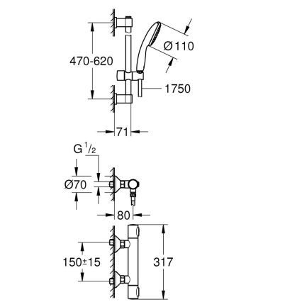 GROHE 34800001 - Σετ ντους με θερμοστατική μπαταρία PRECISION FLOW 600 mm γυαλιστερό χρώμιο