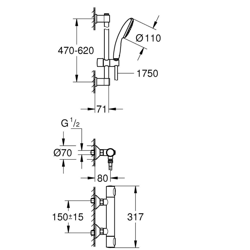 GROHE 34800001 - Σετ ντους με θερμοστατική μπαταρία PRECISION FLOW 600 mm γυαλιστερό χρώμιο