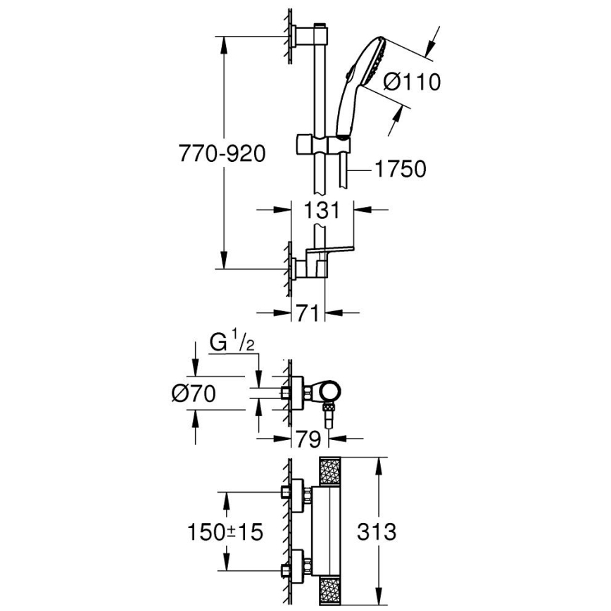 GROHE 34853001 - Σετ ντους με θερμοστατική μπαταρία PRECISION FEEL+ 90 cm, γυαλισμένο χρώμιο