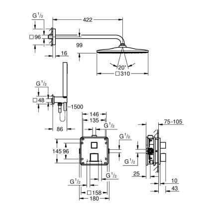 GROHE 34879000 - Εντοιχισμένο σύστημα ντους PRECISION CUBE 310 × 310 mm χρωμέ