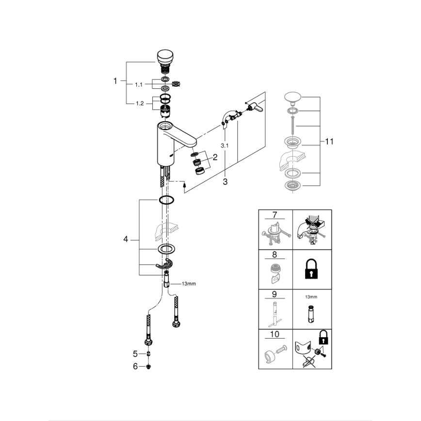 GROHE 36317000 - Μίκτης νιπτήρα με αυτόματο κλείσιμο EUROSMART COSMOPOLITAN T χρωμέ
