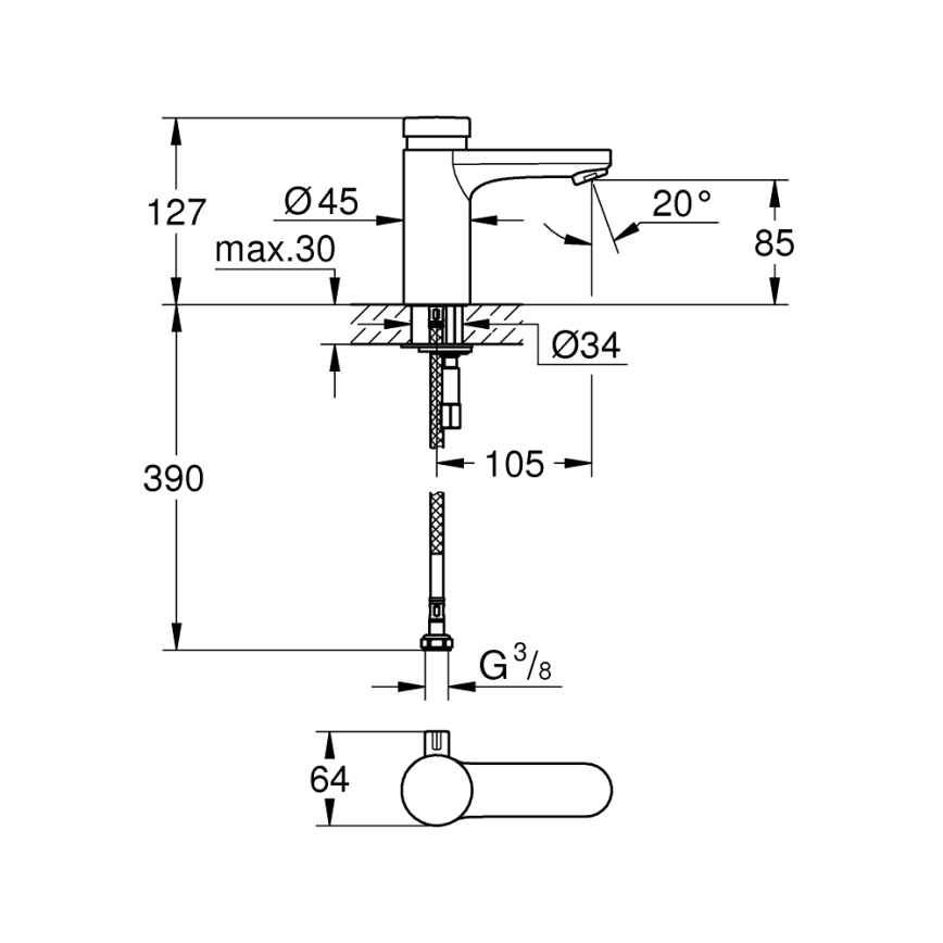 GROHE 36317000 - Μίκτης νιπτήρα με αυτόματο κλείσιμο EUROSMART COSMOPOLITAN T χρωμέ