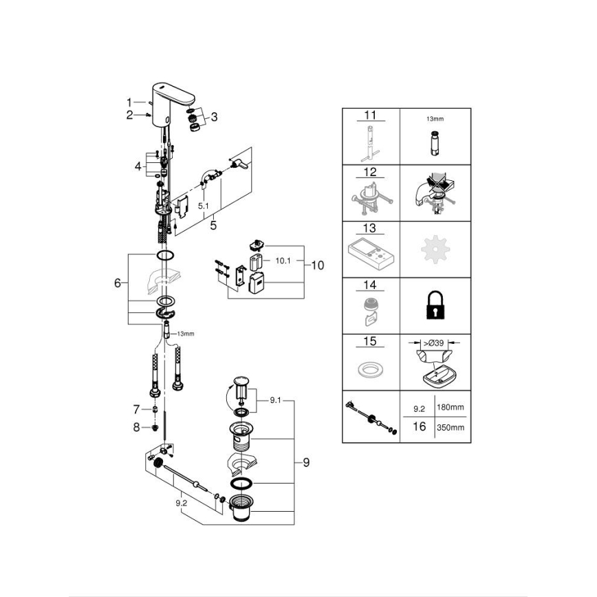 GROHE 36331001 - Μπαταρία νιπτήρα EUROECO 1 14” γυαλιστερό χρώμιο