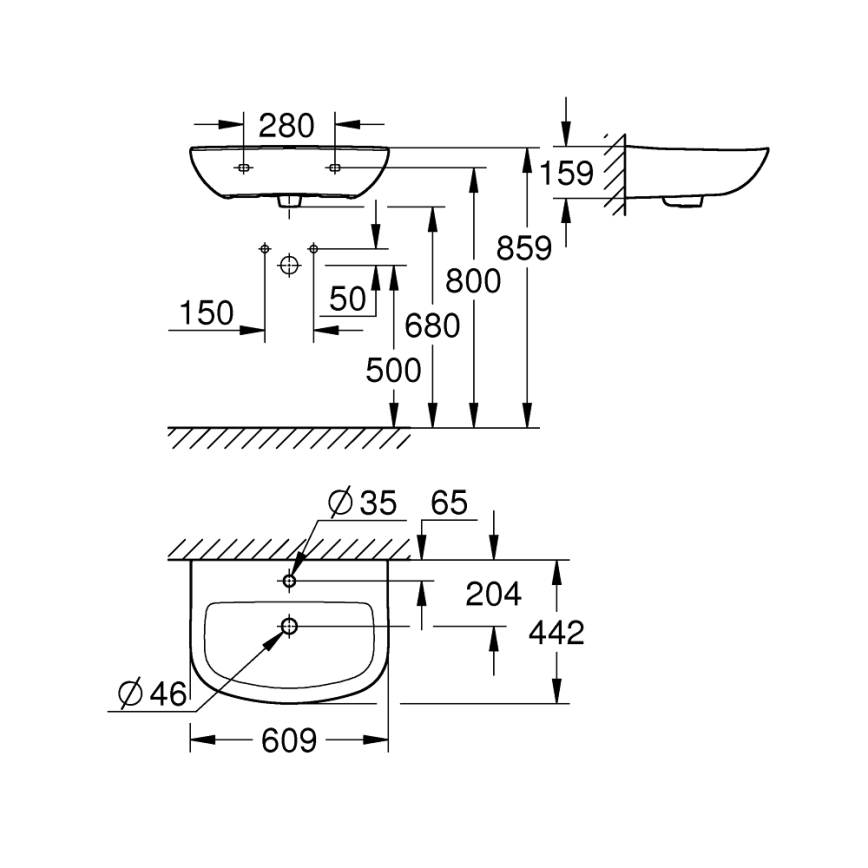 GROHE 39421000 - Επιτοίχιος νιπτήρας BAU CERAMIC 609 × 442 mm κεραμικός/λευκός
