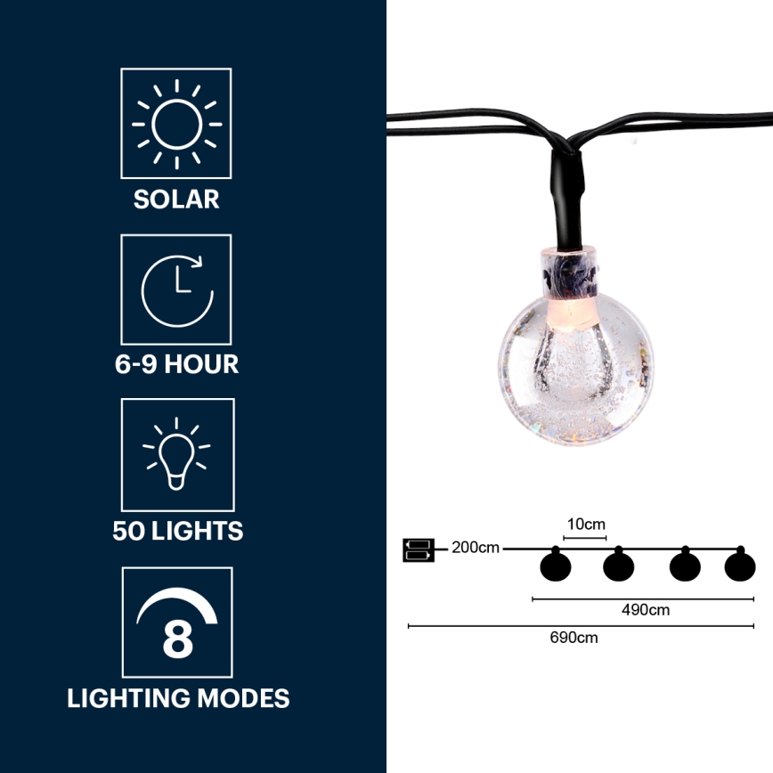 Grundig - LED Ηλιακή γιρλάντα 50xLED/8 λειτουργίες 6,9μ ζεστό λευκό 600 mAh