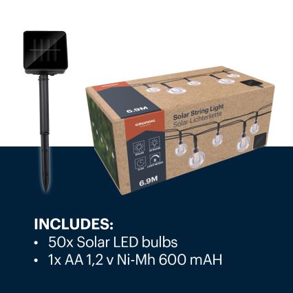 Grundig - LED Ηλιακή γιρλάντα 50xLED/8 λειτουργίες 6,9μ ζεστό λευκό 600 mAh