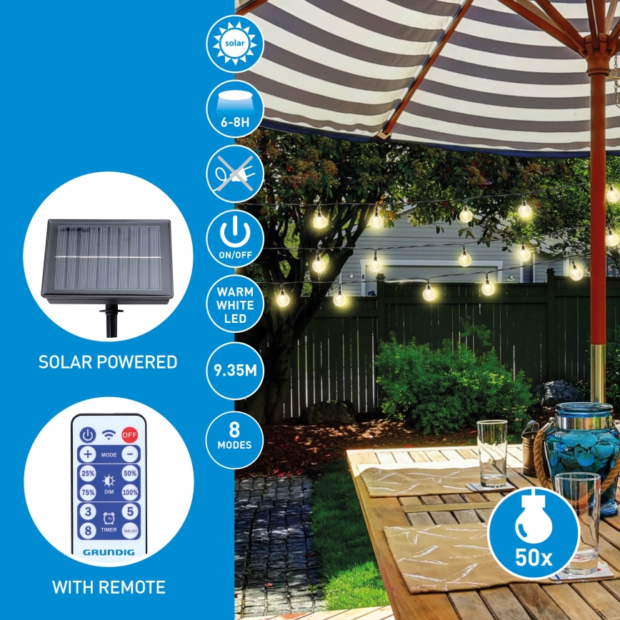 Grundig - Ρυθμιζόμενη LED ηλιακή γιρλάντα 50xLED/8 λειτουργίες 9,35m ζεστό λευκό 1200 mAh IP44 + τηλεχειριστήριο
